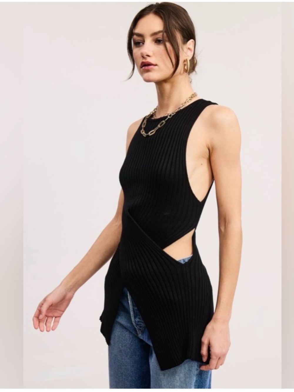 Sleeveless Black Ribbed Cutout Tank Top